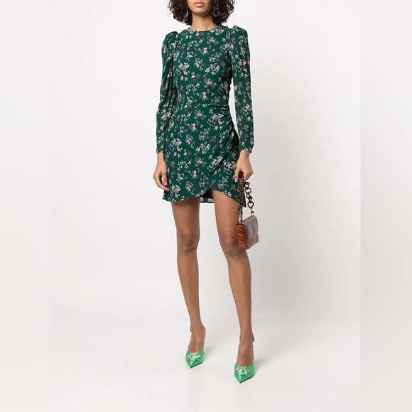 Reformation Juni Green Floral Long Sleeve Mini Lined Dress Size 6 Puff Sleeve - Picture 1 of 12
